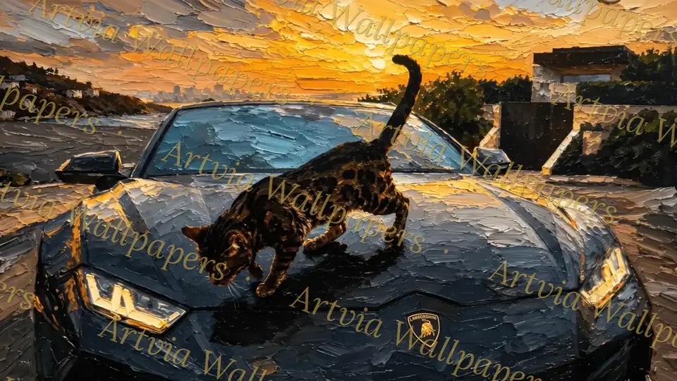Big cat on a Lamborghini at sunset